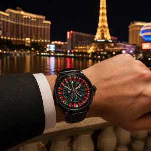 All Black Luxury OBLVLO CSM-CA Men's Casino Automatic Mechanical Watch - Iced-Out Black & Emerald Green Gem Center Dial with Black Leather Strap