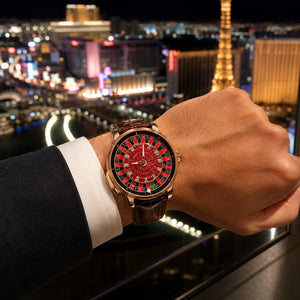 OBLVLO CSM-CA Luxury Casino Roulette Wheel Automatic Watch - Rose Gold Case with Iced-Out Red Gem Center Dial & Brown Leather Strap