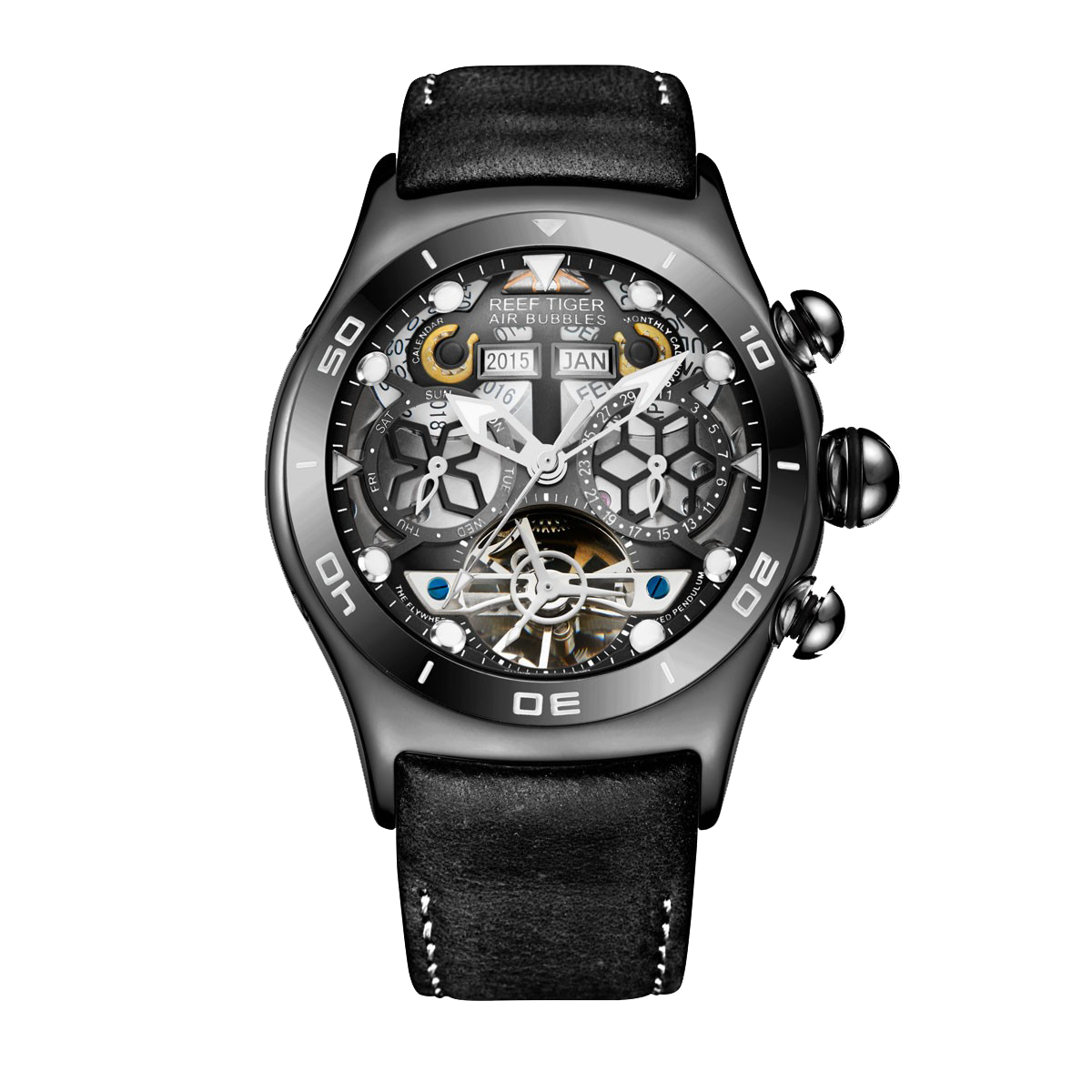 Reef Tiger Aurora Air Bubbles Black PVD Luxury Unique Skeleton Watches for Men