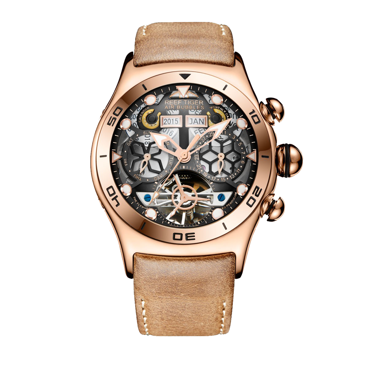 Luxury Reef Tiger Aurora Air Bubbles Design Rose Gold Unique Skeleton Automatic Watch