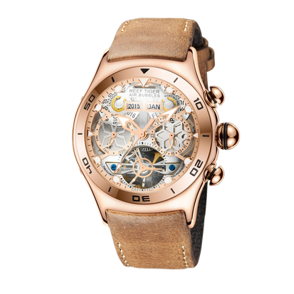 Reef Tiger Luxury Rose Gold Unique Automatic Skeleton Wrist Watch for Men