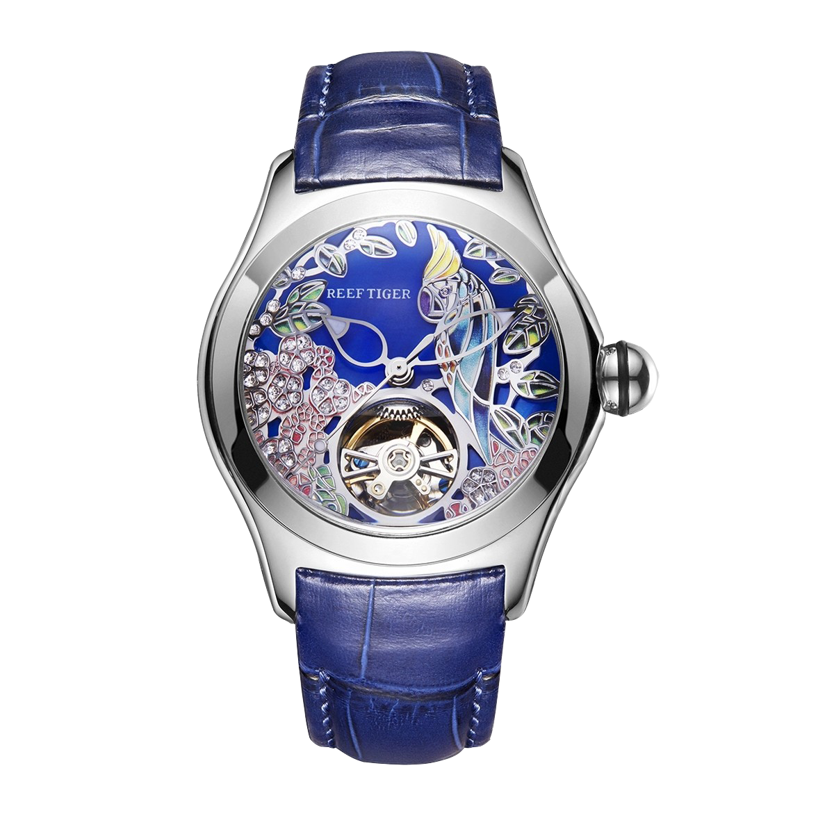 Luxury Classic Reef Tiger Aurora Parrots Lady Blue Skeleton Diamond Watches For Sale