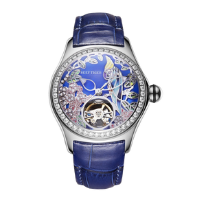 Luxury Reef Tiger Designs Aurora Parrots Blue Diamond Skeleton dial Wristwatches for Women