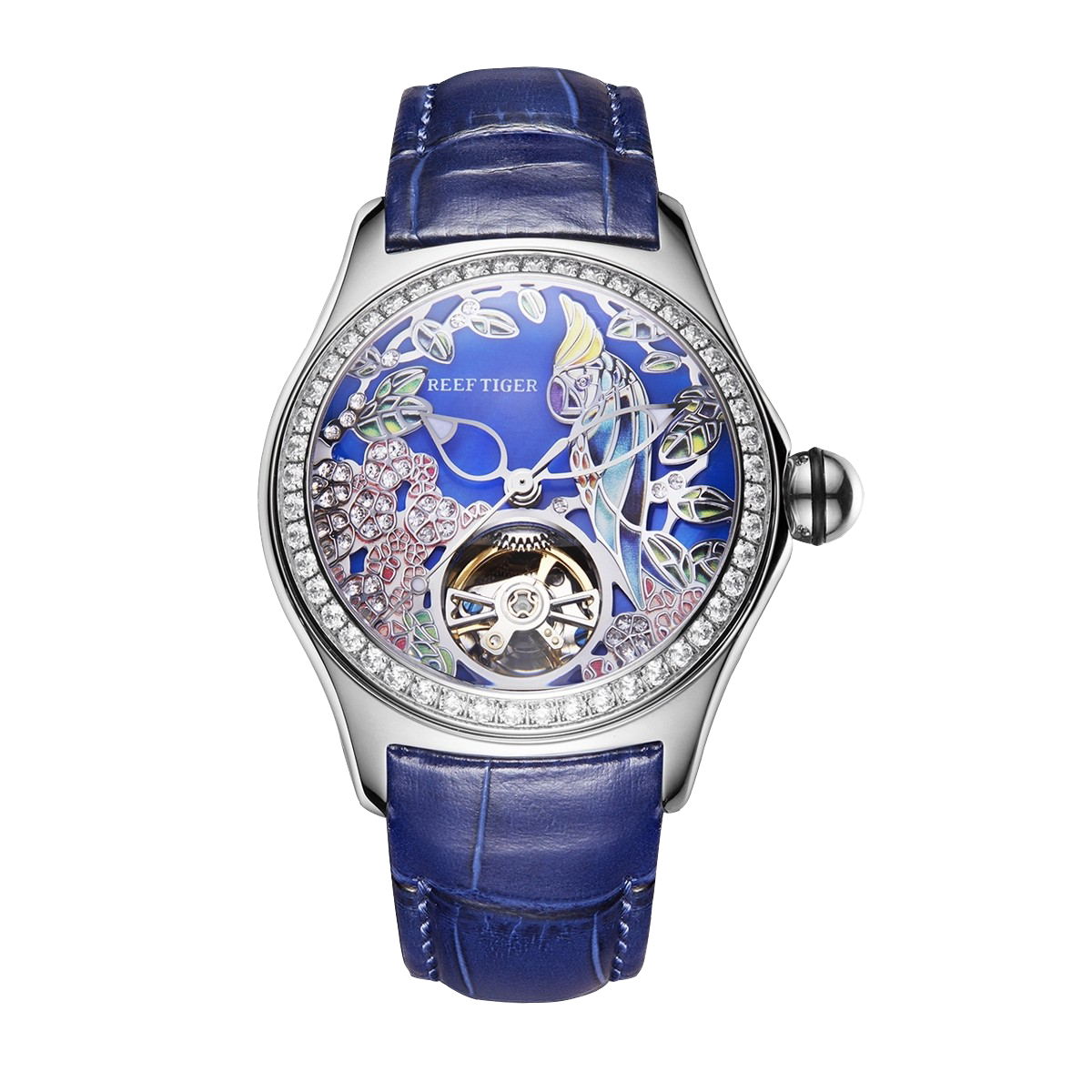 Luxury Reef Tiger Designs Aurora Parrots Blue Diamond Skeleton dial Wristwatches for Women