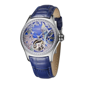 Luxury Reef Tiger Designs Aurora Parrots Blue Diamond Skeleton dial Wristwatches for Women
