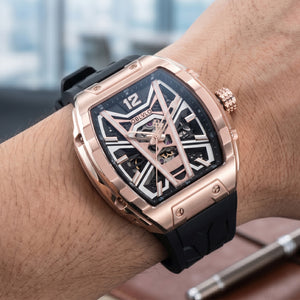 OBLVLO ZM-MA Luxury Fashion Mens Rose Gold Skeleton Tonneau Automatic Watch - Super Luminous Dial & Black Soft Silicone Strap Sport Watch